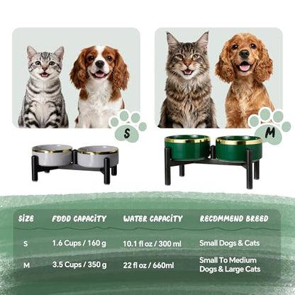 Elevated Ceramic Dog Bowl Set - Double Dishes with Stainless Steel Stand – Raised Feeding Bowls for Cats and Small Dogs - Food & Water Set - 5" / 1.6 Cups (160 g / 300 ml) - Green - color: Green, size: S