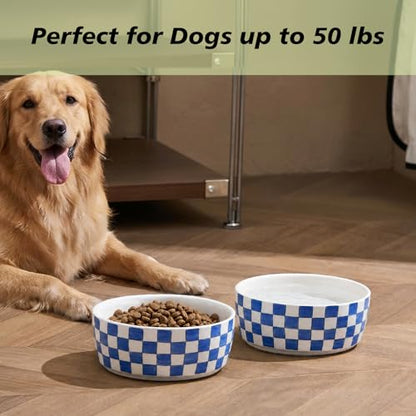 6.4 inch Ceramic Hand Painted Basic Dog Bowl Set of 2 with Anti-Skid Rubber Base, Food and Water Bowls for Small Pets,Blue - color: Blue