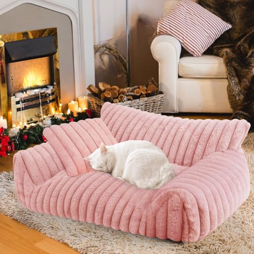 Cute Cat Couch Bed for Indoor Cats, Fluffy Pet Cat Sofa with Premium Soft Corduroy Fleece, Cute Small Dog Beds for Small Dogs, Fuzzy Puppy Chair with Removable Washable Cover (24x18x10,Pink) - color: Pink, size: Small