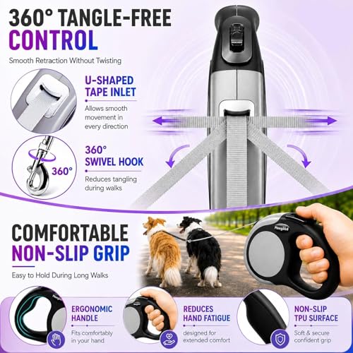 Double Retractable Dog Leash for Two Dogs Up to 50 lbs - 16 ft Coupler Leashes for Small Medium Dogs - One Locked System, Non Slip Grip, Tangle Free (Grey) - color: GREY