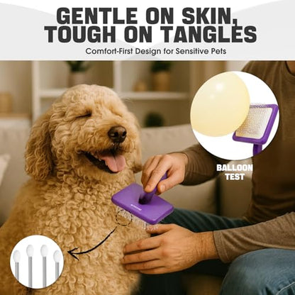 Bonteck Dog Slicker Brush for Dogs Grooming Kit 5PCS | Large Dog Brush for Goldendoodles Poodles Doodles | Long Pin Haired Brush | Poodle Brushes and Comb (Purple) - color: Purple