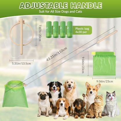 Dog Pooper Scooper, 43" Extendable Pooper Scooper Long Handle with 120 Bags | Portable Poop Scoop for Small Medium Large Dogs, No Touch, Stainless Steel, Lightweight, Foldable, Suit Yard, Park,Wild,City - color: Yellow