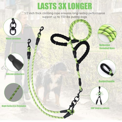 Dual Dog Leash, 360° Anti-Tangle, No Pull, Double Handle & Reflective Double Dog Leash – Perfect for Small/Medium Dogs - color: Green, size: 3 Way
