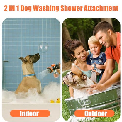 Dog Shower Attachment with Soap Dispenser, Upgraded Dog Wash Hose Attachment for Pet Bathing, High Pressure Foam Sprayer with 10 Spray Modes and Grooming Brush