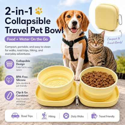 Portable Dog Bowl, Collapsible 2-in-1 Travel Dog Bowls with Carabiner Clip, Silicone Double Pet Food and Water Dish for Outdoor Camping and Hiking (Yellow) - color: Yellow