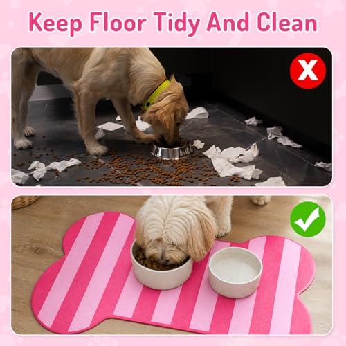 AnyDesign Bone Shaped Pet Food Mat Pink Dog Feeding Placemat Stripe Anti-Slip Waterproof Cat Feeder Pad for Pets Cats Indoor Outdoor Supplies