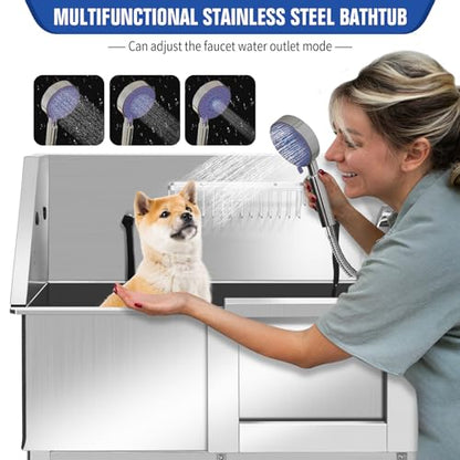 Stainless Steel Dog Washing Station, Pet Grooming Tub W/Storage Stairs, Faucet & Showerhead & Soap Holder Dog Bathtub for Large & Medium & Small Pets,34" R-RAMP - color: 34" R-RAMP