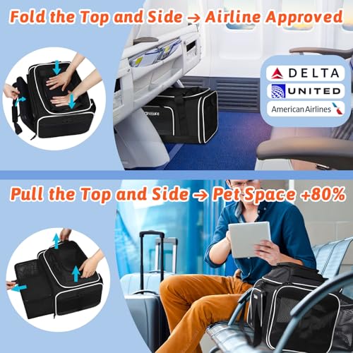 Petskd Top and Side Expandable Pet Carrier 18x11x11 Inches Delta United Airline Approved, Soft-Sided Carrier for Small Cats and Dogs with Locking Safety Zippers and Anti-Scratch Mesh(Black) - color: Black, size: 18.0"L x 11.0"W x 11.0"H