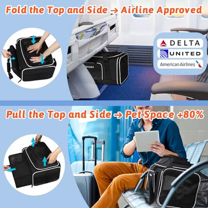 Petskd Top and Side Expandable Pet Carrier 18x11x11 Inches Delta United Airline Approved, Soft-Sided Carrier for Small Cats and Dogs with Locking Safety Zippers and Anti-Scratch Mesh(Black) - color: Black, size: 18.0"L x 11.0"W x 11.0"H