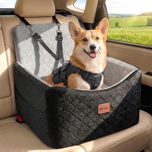 Dog Car Seat for Small Medium Dogs Up to 40 lbs – Dog Booster Seat with 6-Inch Memory Foam, Pet Car Seat with Removable Washable Cover, 3 Safety Belts & 2 Storage Bags (Black/Gray)