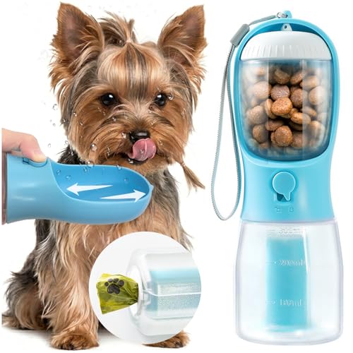 Portable Water Bottle for Small Dogs, 3 in 1 Pet Travel Bowl Dispenser with Food Treat Container & Poop Bag Holder, Summer Hiking Walking Accessories for Puppy On The Go - Blue, 10oz - color: Blue, size: 10oz