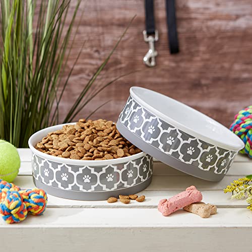 Bone Dry Paw Print Ceramic Pet Bowl, Lattice Collection, Large Set, 7.5x2.4", Gray, 2 Count - color: Gray, size: Large Set, 7.5x2.4"