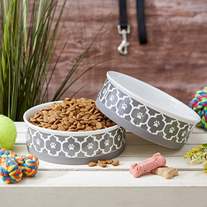 Bone Dry Paw Print Ceramic Pet Bowl, Lattice Collection, Large Set, 7.5x2.4", Gray, 2 Count - color: Gray, size: Large Set, 7.5x2.4"