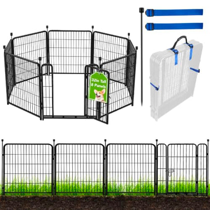ADAVIN 32 in(H) Garden Fences and Borders,1 Gate+7 Panels Dog Fence Outdoor for Yard, Heavy Duty Iron Metal Animal Barrier Fence, Portable Fence, Flower Garden Fencing,Total 17.7 Ft(L), Black - size: 8panels-32in(H)×17.7ft(L)