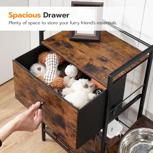 HOOBRO Elevated Dog Bowls Stand with Drawer, Height Adjustable Raised Feeding Station Cabinet with Storage Basket, 4-IN-1 Pet Storage Organizer for Large Medium Breeds, Rustic Brown and Black BF22PO03