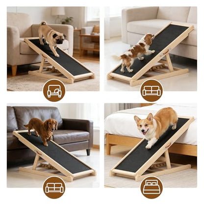 Dog Ramp for Couch, Adjustable Height Ramps for Pets to Get on Bed | Height from 18" to 23.6", with Traction Rubber Mat, Capacity 110ibs, Wooden Portable Stairs for Small Dogs - size: 39.4"L x 14.5"W x 3.3"H