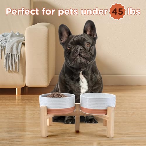 SPUNKYJUNKY Elevated Dog Bowls Ceramic, 6.1'' Dogs and Cat Food Water Bowls Raised with Non-Slip Bamboo Stand for Medium Sized Breed Microwave Dishwasher Safe - 28.7 OZ,Pattern White - color: Pattern White, size: 6.1 in - 3.6 cups