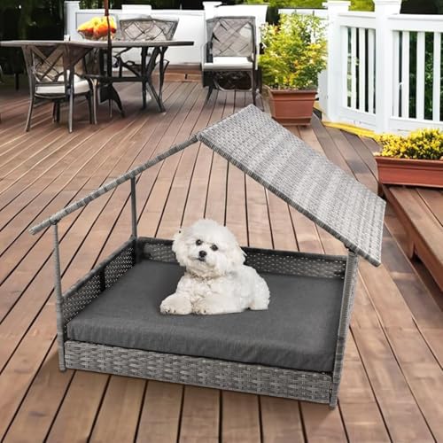 Heeyoo Wicker Dog House, Elevated Rattan Dog Bed with Canopy, Large Dog House Outdoor with Water Resistant Cushion, Outside Rattan Dog House for Dogs with Protective Cover, Grey
