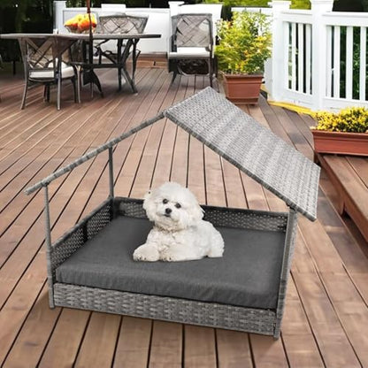 Heeyoo Wicker Dog House, Elevated Rattan Dog Bed with Canopy, Large Dog House Outdoor with Water Resistant Cushion, Outside Rattan Dog House for Dogs with Protective Cover, Grey
