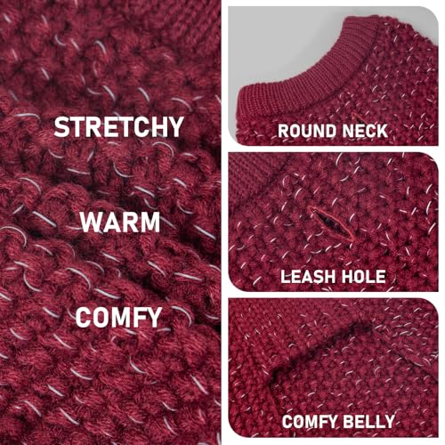 KYEESE Dog Sweater with Leash Hole Warm Pullover with Reflective Yarn for Small and Medium Dogs Male Soft Knit Pullover Boy Dog Coats Cozy Lightweight Thick Sweater,Dark Red,Large - color: 5# Dark Red, size: L (30-45lbs)