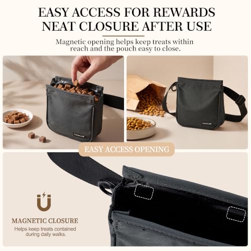 Dog Treat Pouch for Walks & Training, Stylish Everyday Treat Bag with Easy-Clean TPU Lining, Structured Magnetic Closure, Rear Pocket for Keys & Essentials, Holds 1–1.5 Cups, Graphite Black