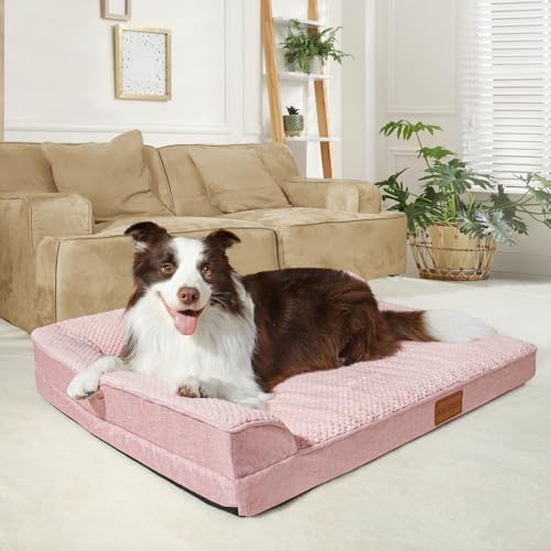 Orthopedic XL Dog Bed Large Sized Dog 48''X30'', Waterproof L Bolster Extra Large Egg Crate Foam Pet Crate Beds with Washable Removable Cover, Non-Slip Soft Pet Couch Mat, Pink - color: Pink, size: XXL:48x30x3.5 IN