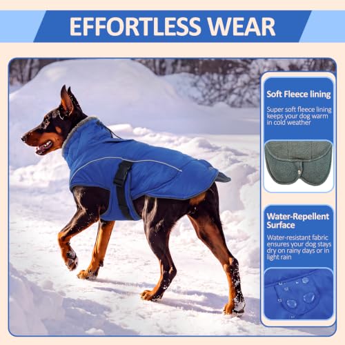 DENTRUN Warm Dog Winter Coat, Easy On Reflective Turtleneck Fleece Jacket | Adjustable buckle, easy on off, windproof & water-repellent, thick fleece snowsuit, outfit fits small to large breeds - color: Blue, size: Small