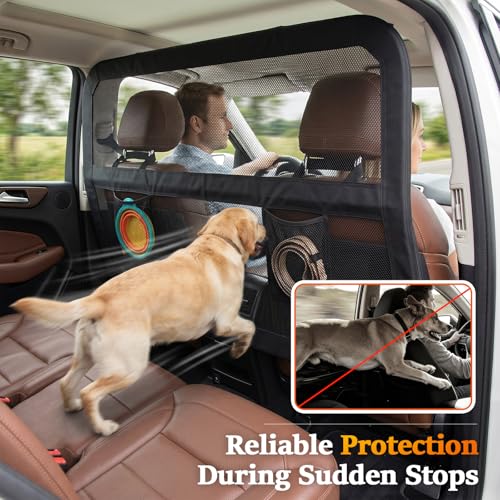 Heavy Duty Dog Car Barrier with Sturdy Metal Frame, Wider Coverage Pet Divider Net for Back Seat & Cargo Area, Universal Fit for Cars SUVs Trucks, Claw-Proof Transparent Mesh for Cool Airflow - size: Large