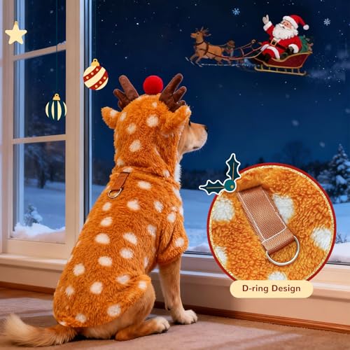 Christmas Dog Sweater with Hood Elk Costume Hoodie Soft Fleece Winter Warm Puppy Clothes for Small Dogs XS-XXL, Christmas Outfit for Cats & Dogs(Brown,Reindeer,X-Small) - size: X-small