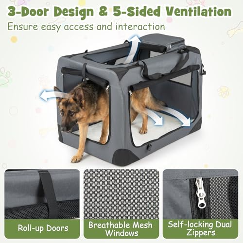 Giantex Folding Soft Dog Crate, 36 Inch Foldable Portable Dog Kennel for Large Dogs up to 70 lbs, Collapsible Soft-Sided Pet Travel Crate with 5-Sided Mesh, 3 Doors, Washable Mat & Storage Pockets - size: 36.0"L x 25.0"W x 25.0"H
