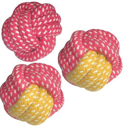 Small Dog Ball Toys/ – Cotton Rope Ball/Dental Chew Dogs Toy for Teeth Cleaning/Fetch Playing, Interactive Tug of War & Puppy Teething Training Toy - color: Pink Random Variations