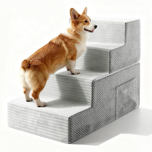 Dog Stairs for Small Dogs, 4-Step Dog Ramp for Bed 17.3" H, Dogs Steps for Bed, Couch, Pet Stairs with Non-Slip Bottom Design,High Density Foam Portable Pet Steps, Light Grey - color: Light Grey, size: 4-Step