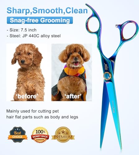 7.5'' Dog Straight Scissors for Grooming 440C Stainless Steel Green Professional Pet Trimming Scissors Sharp Blades Cutting for Dogs and Cats Shears - style: Straight