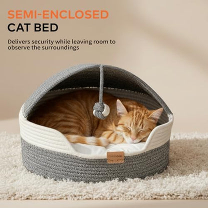 CHEERPALS Cat Basket Bed with Washable Cushion and Ball Rope Cotton, Covered Pet Bed for Indoor Cats Cave Bed Hooded, Stimulicat Cat Bed Handwoven Breathable, All Season Universal(Blue) - color: Blue