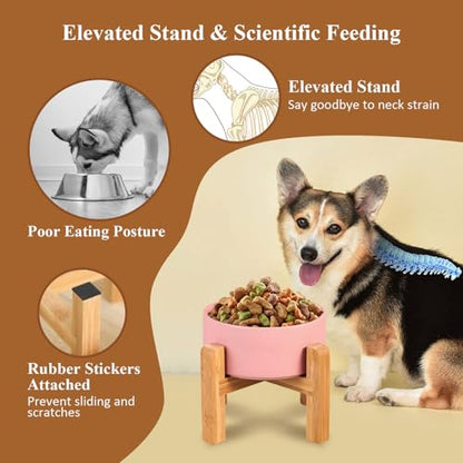 LIONWEI LIONWELI Ceramic Raised Dog Bowls, Medium - Set of 2 - Non Slip Wood Stand - Anti Vomiting - 850 ml - White - color: White, size: Medium-2