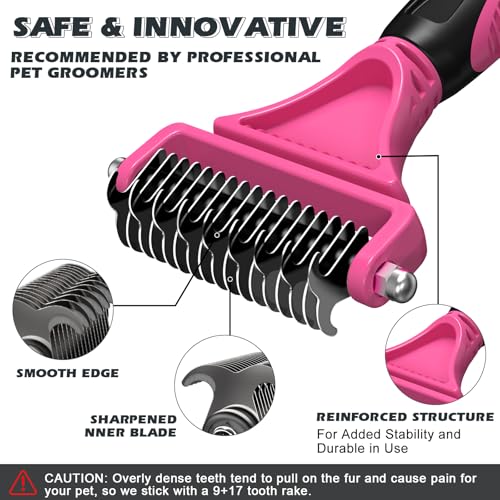 3PCS Pet Grooming Rake & Metal Comb & Flea Comb for Cats and Dogs, Double-Sided Dematting Tool, Extra-Wide Deshedding Dog Brush for Long Hair to Effectively Remove Tangles, Knots and Mats (Pink) - color: Pink