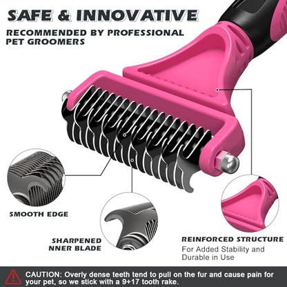 3PCS Pet Grooming Rake & Metal Comb & Flea Comb for Cats and Dogs, Double-Sided Dematting Tool, Extra-Wide Deshedding Dog Brush for Long Hair to Effectively Remove Tangles, Knots and Mats (Pink) - color: Pink
