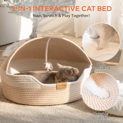 CHEERPALS Cat Basket Bed with Washable Cushion and Ball Rope Cotton, Covered Pet Bed for Indoor Cats Cave Bed Hooded, Stimulicat Cat Bed Handwoven Breathable, All Season Universal(White) - color: White