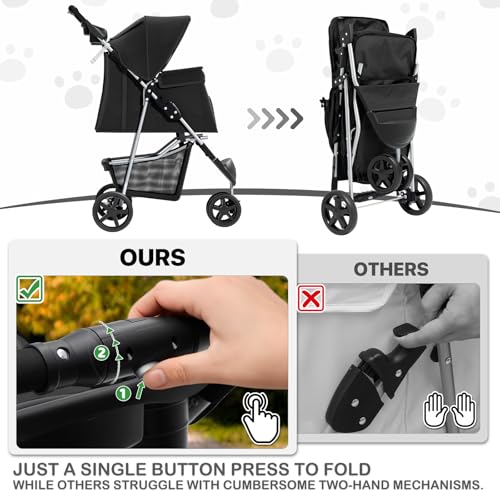 MoNiBloom Foldable Pet Stroller with Weather Cover, 3 Wheels Pet Strolling Cart for Small/Medium Dogs and Cats with Storage Basket and Cup Holder, Breathable and Visible Mesh for All-Season, Black - color: Black