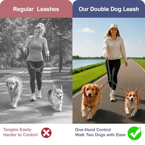 Double Dog Leash for Two Dogs, Complete Set with 31.5" Main Leash + Adjustable Splitter, Padded Handle, D-Ring, 360° Swivel, Shock-Absorbing Bungee, Reflective for Small Medium Large Dogs (Black) - color: Black