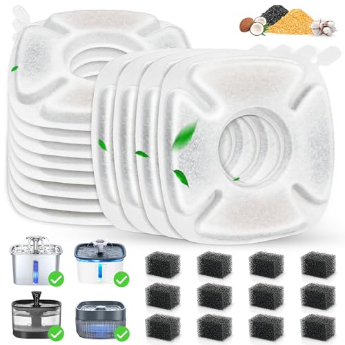 24 Pack Cat Water Fountain Replacement Filters, 12 Pcs Cats Fountain Filters & 12 Pcs Pre-Filter Sponges for 95oz/2.8L 135oz/4L 67oz/2L Automatic Pet Dog Fountain Water Dispenser