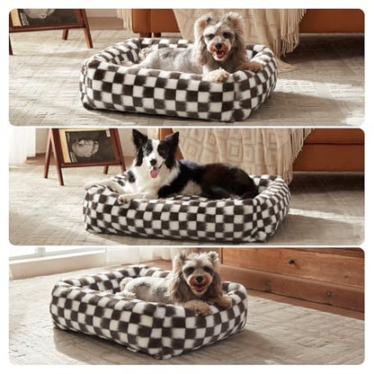 JOEJOY Dog Bed Medium Size Dog, Removable Washable Cover Orthopedic Soft Pet Bed, Anti-Slip Fluffy Plush Faux Rabbit Fur Puppy Bed, 30"x24"x8", Checkered, Brown - color: Brown, size: M (30"x24"x8")
