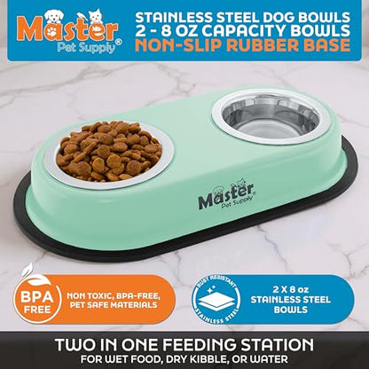 Master Pet Supply Double Dog Bowls Set with Elevated Base and 2 (8 oz) Stainless Steel Removable Dishes (Pistachio) – Double Cat Food Water Bowl, Dog Puppy Food Bowl Set, Rust Resistant - color: Pistachio
