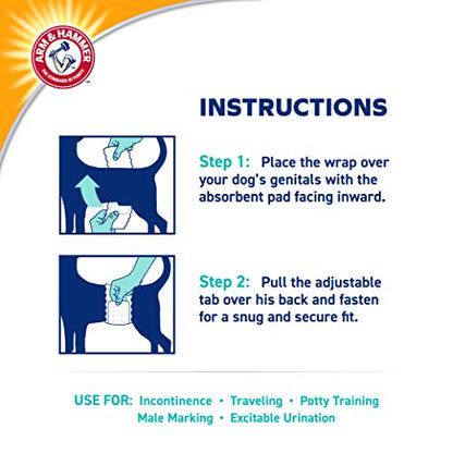 Arm & Hammer X-Small Male Dog Wraps, Disposable Belly Band Diapers with Baking Soda Odor Control, Super Absorbent Leak Resistant Design for Marking and Incontinence, 9-14 Inch Waist, 12 Count - size: X-Small