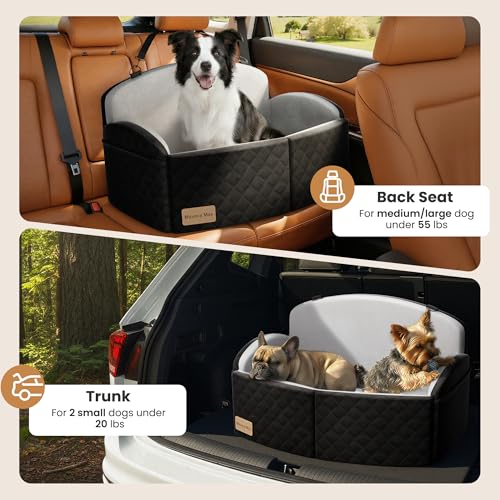Dog Car Seat for Medium/Large Dogs, Memory Foam Dog Booster Seat with Thick Cushion up to 55 lbs or 2 Small Dogs, Travel Pet Car Seat with Detachable Washable Cover, 2 Safety Leashes (Black/Grey) - color: Black/Grey