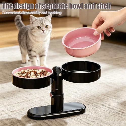Elevated Cat Bowls, Raised Cat Food and Water Bowl Set with Removable Double Dishes, Adjustable Tilt Stand, Suction Cup Base, Dishwasher Safe Pet Feeder for Cats, Kittens, Small Dogs, Pink