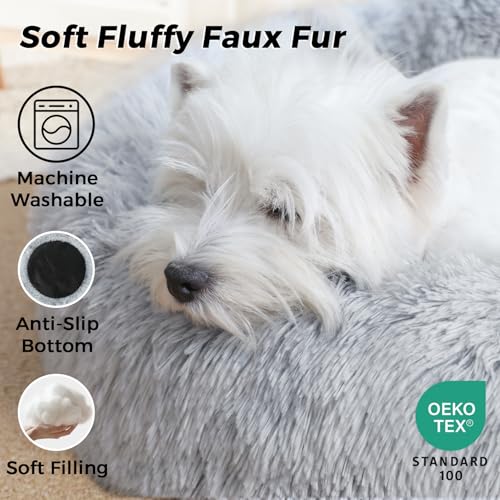 Calming Round Dog Bed & Cat Bed with Anti-Slip Bottom, Medium Size Washable Anti-Anxiety Donut Dog Beds for Small Dogs & Cats, Fluffy Plush Soft Dog Bed(24 Inch, Light Grey) - color: Light Grey, size: 24"l x 24"w x 8"th