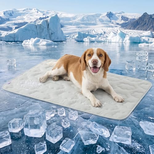 LE SURE Dog Cooling Mat for Large Dogs - QMAX>0.5 Breathable Thin Cool Crate Pad with Chill Cold Fiber and Innovative Mesh Base Design, Portable Washable Pet Kennel Mat for Summer, 36x27,Grey - color: Grey, size: 36" x 27" (L)