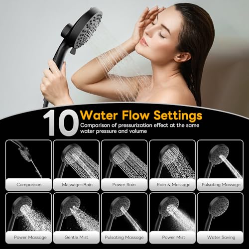 High Pressure 10 Ways Handheld Shower Head Matte Black- Anti-clog Nozzles, Built-in Power Wash to Clean Tub, Wall & Overhead Brackets,Magnetitc Rainfall Shower Wand,Built-in 2 Power Jet - color: Black