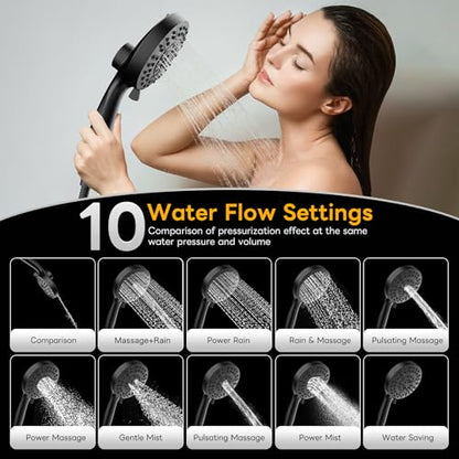 High Pressure 10 Ways Handheld Shower Head Matte Black- Anti-clog Nozzles, Built-in Power Wash to Clean Tub, Wall & Overhead Brackets,Magnetitc Rainfall Shower Wand,Built-in 2 Power Jet - color: Black